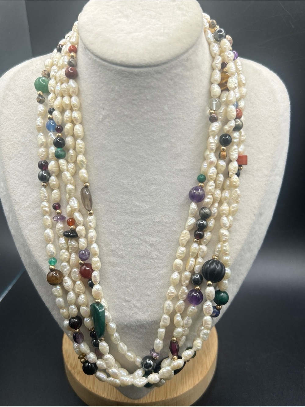 Vintage 5 Strand Rice Pearl Assorted Gemstone Necklace 14K Clasp & Spacer Beads
